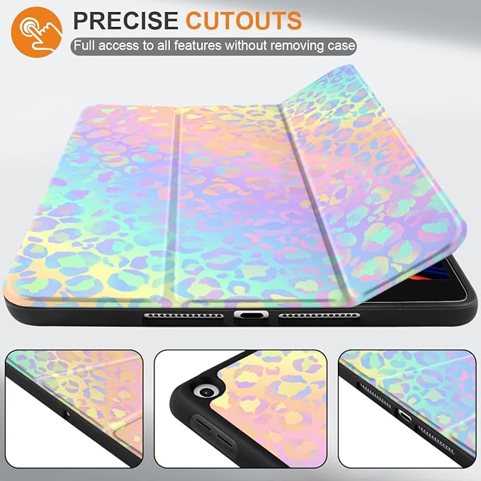 DONGKE Case Compatible with iPad 10.2 Inch 2021 2020 2019 iPad 9th/8th/7th Generation with Pencil Holder, Slim Stand Protective Case with Soft TPU Back, Auto Sleep/Wake Cover, Colorful Leopard