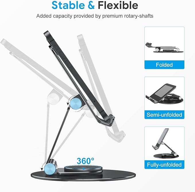 OMOTON Swivel Tablet Stand for iPad with 360 Rotating Base, Foldable Adjustable Holder for Drawing, Compatible with iPad Pro/Air/Mini and More, Black Gray