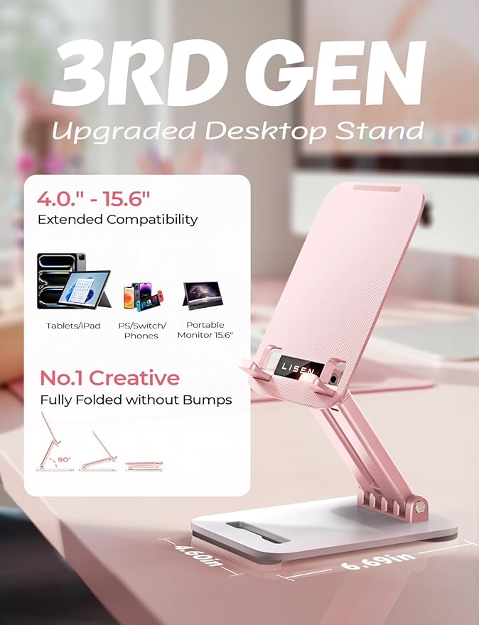 LISEN Tablet Stand for iPad Stand Holder Desk, Foldable Home Office Desk Accessories Travel for iPad Holder Dorm College Essentials Portable Monitor Pink Sorbet for Girls