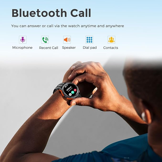 VIRAN Smart Watches for Men, 1.43'' AMOLED Fitness Watch with Pedometer and Heart Rate/Sleep/BP/Spo2 Monitor, Military Smart Watch for Android Phones and iPhone Compatible, 120+ Sports Modes (Orange)