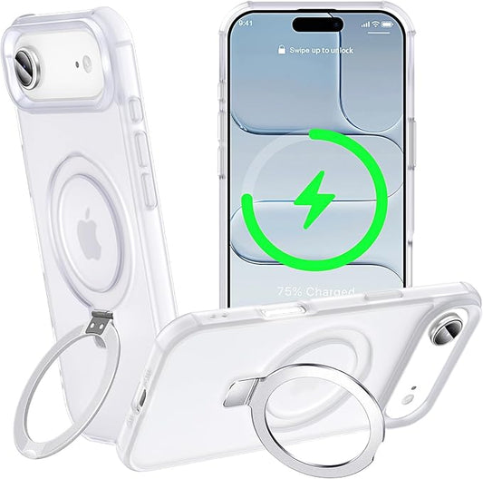 Magnetic Compatible with iPhone Air Case with Stand [Military Grade Drop Tested][Compatible with Magnet] Ring Translucent Slim Hard Back Soft Edge 17 Air Phone Case, Frost White