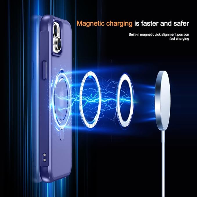 Magnetic Compatible with iPhone 15 Case with Stand [Military Grade Drop Tested][Compatible with Magnet] Ring Translucent Slim Hard Back Soft Edge, Blue