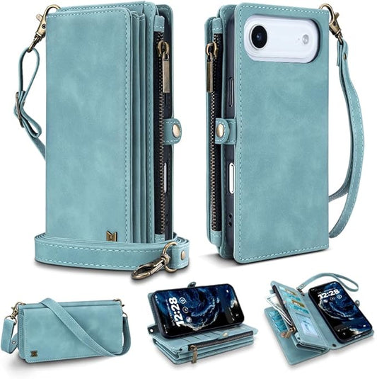 for iPhone Air Wallet Phone Case with 8 Card Holder,RFID Blocking | PU Leather | Kickstand | Flip | Wrist Strap&Shoulder Strap | Shockproof | Zipper Wallet | Women Men | 6.5" |Baby Blue