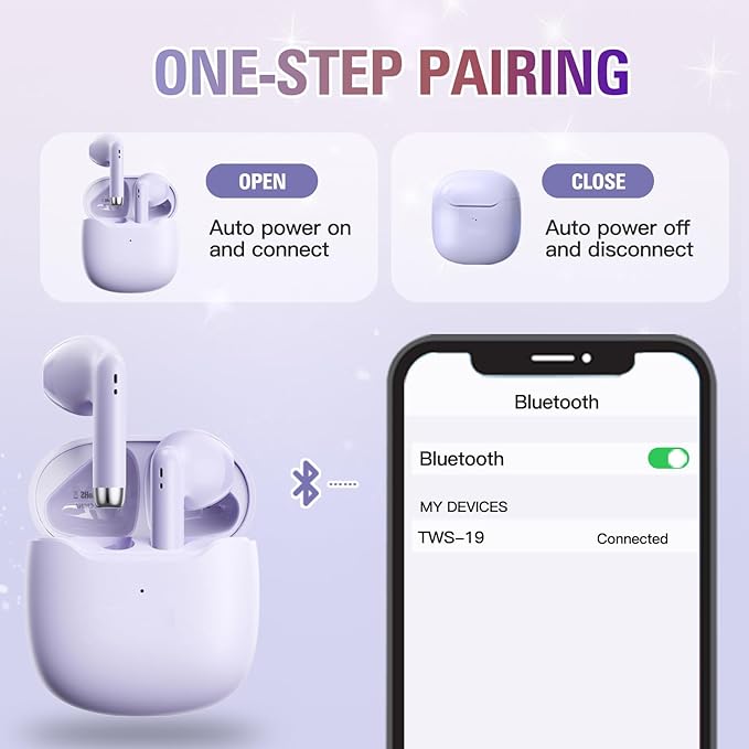 True Wireless Earbuds Purple Bluetooth 5.3 with Microphone for Working Out Noise Canceling Blue Tooth Ear Buds Deep Bass TWS Wireless Earphones with Charging Case in Ear Headphone for iPhone Android