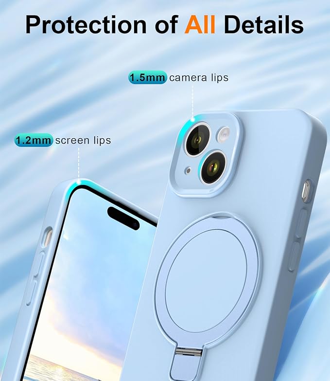 ZHK Liquid Silicone Designed for iPhone 15 Plus Case with Magnet Stand, [Precise Camera Lens Protection][Mil-Grade Drop Shockproof][Soft Anti-Scratch Microfiber Lining] Slim Fit Cover,Baby Blue