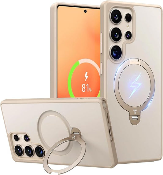TORRAS 360° Spin Magnetic Stand for Samsung Galaxy S25 Ultra Case Beige Gold, Fit for Magsafe, Military Grade Slim Protective S25 Ultra Case with Kickstand Rotatable, Ostand Spin, Aesthetic Dune