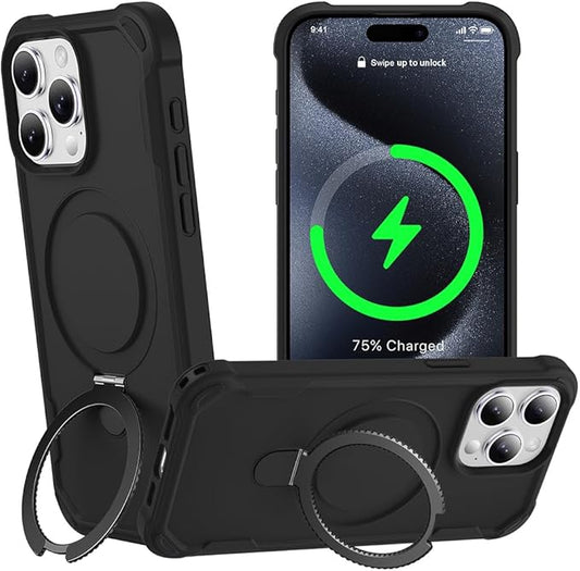 Designed for iPhone 15 Pro Case with Magnetic Stand [Military Drop Protection][Compatible with Magnet] Shockproof 15 Pro Phone Case with Ring Holder, Black