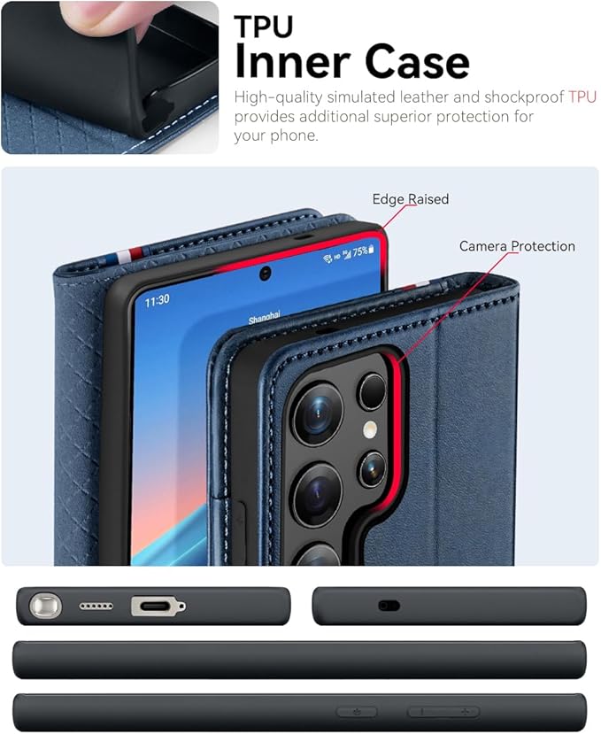 OCASE Compatible with Galaxy S25 Ultra Wallet Case, PU Leather Flip Folio Case with Card Holders RFID Blocking Kickstand [Shockproof TPU Inner Shell] Protective Phone Cover 2025, Spliced Blue