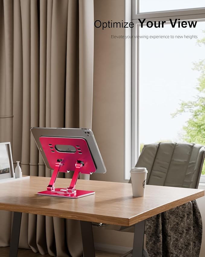 Tablet Stand Holder with Thickened 360°Rotating Base Dual Rod Adjustable Aluminum Stand for All 5.8-12.9” iPad Samsung Phone Tablet Kindle E-Reader and More, Gold