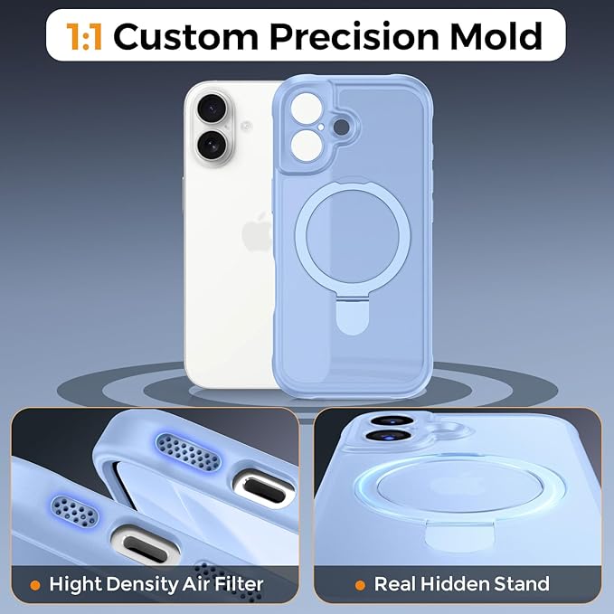 MOCCA Compatible with iPhone 17 Case with Magnetic Invisible Stand [Full Camera Protection] [Compatible with Magsafe] Military Drop Shockproof Translucent Matte Phone Case Cover 6.3",Light Blue