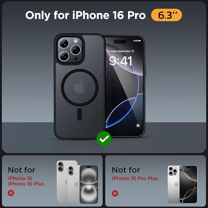 Miracase 2025 Upgraded Magnetic for iPhone 16 Pro Case [Compatible with MagSafe] [with 2X Screen Protector] Military-Grade Protection, Anti-Fingerprint, Slim Phone Case for 16 Pro 6.3 inch - Black