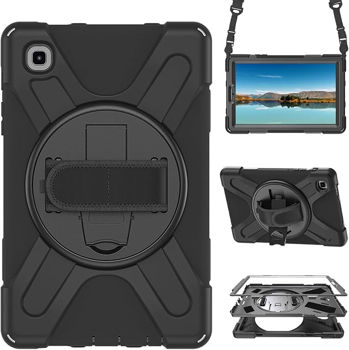 Case for Samsung Galaxy Tab A7 Lite 8.7 2021 (SM-T220/T225/T227),Portable Heavy Duty Dropproof Protective Cover Case with 360 Rotating Stand,Handle & Shoulder Strap,Stylus Pen (New Black)