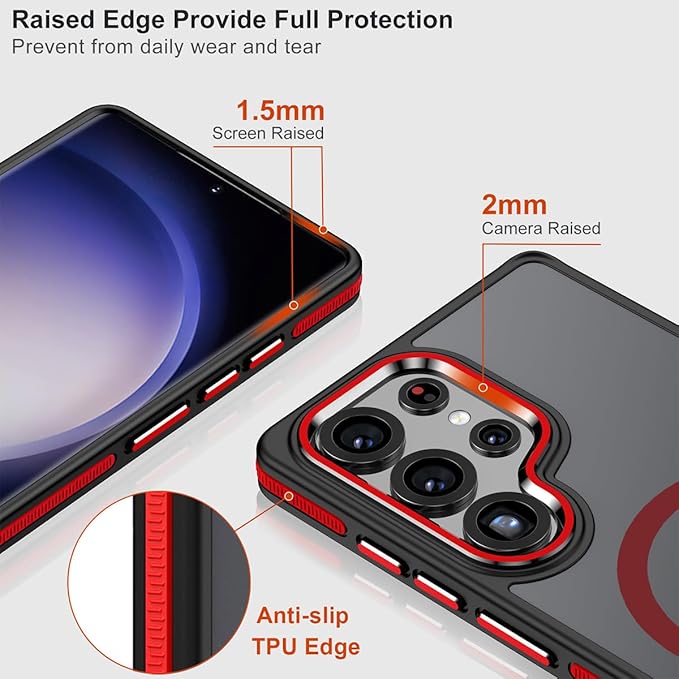 for Samsung Galaxy S25 Ultra Case, Shockproof S25 Ultra Phone Case with Kickstand, Anti-Skid Case Fits for Magsafe, Camera Frame with Raised Protection for Galaxy S25 Ultra Cover (Black/Red)