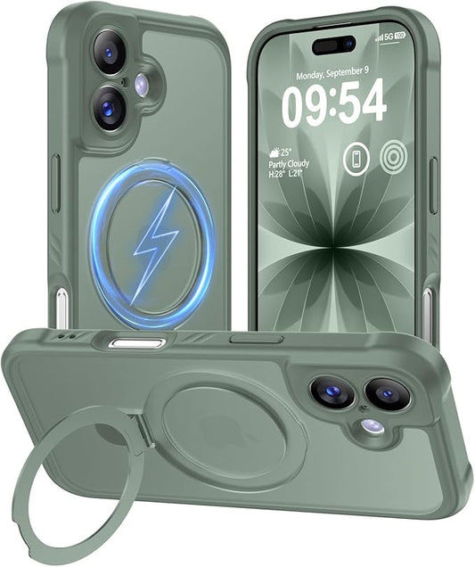 MOCCA Compatible with iPhone 17 Case with Magnetic Invisible Stand [Full Camera Protection] [Compatible with Magsafe] Military Drop Shockproof Translucent Matte Phone Case Cover 6.3",Calke Green