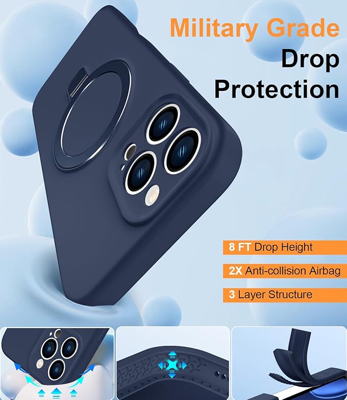 ZHK Liquid Silicone Designed for iPhone 16 pro Case with Magnet Stand, [Precise Camera Lens Protection][Mil-Grade Drop Shockproof][Soft Anti-Scratch Microfiber Lining] Slim Fit Cover, Navy Blue