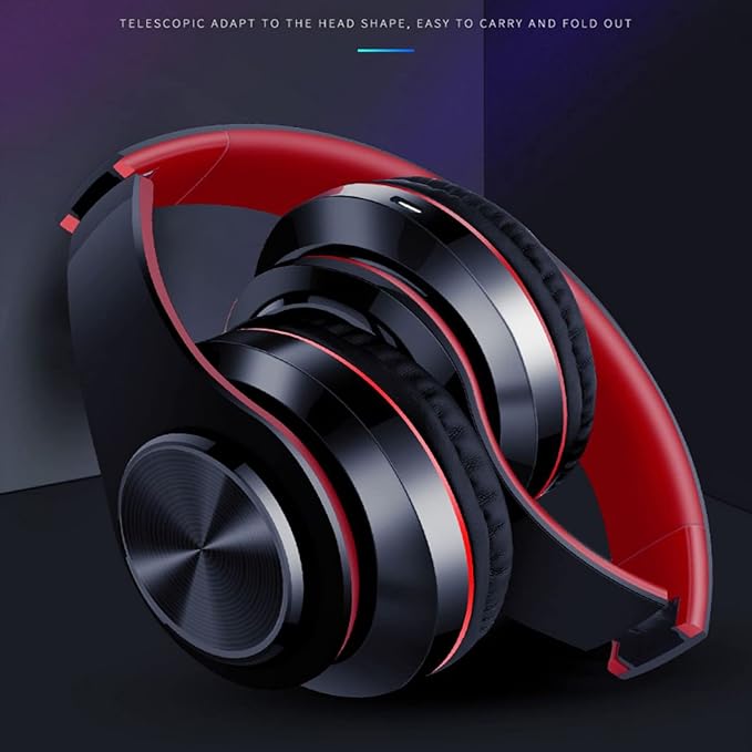Wireless Bluetooth Headphones with Colorful LED Lights, Built-in Mic, Light Weight, Foldable, Wired HiFi Stereo Headphones for Classroom/Home Office/PC/Mobile Phone/Kids Adult (Black Red)