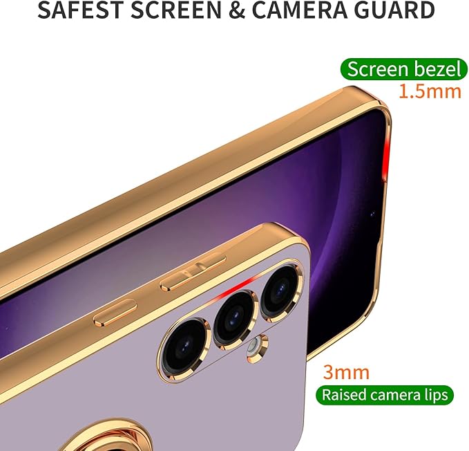 Dinick Purple for Samsung Galaxy S24+ Case with Ring Holder Kickstand [with Magnetic] Soft TPU Bumper, Glitter Gold Electroplated Cover Slim Thin Protective Phone Case for Galaxy S24 Plus