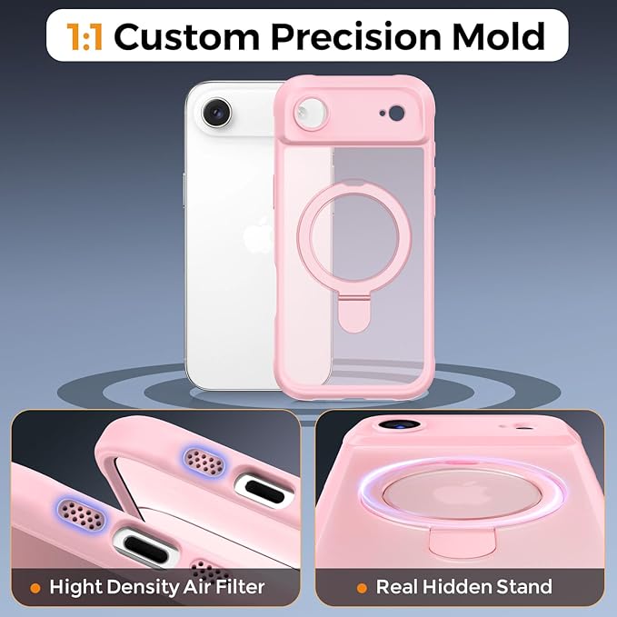 MOCCA Compatible with iPhone Air Case with Magnetic Invisible Stand [Full Camera Protection] [Compatible with Magsafe] Military Drop Shockproof Translucent Matte Phone Case Cover 6.5",Pink