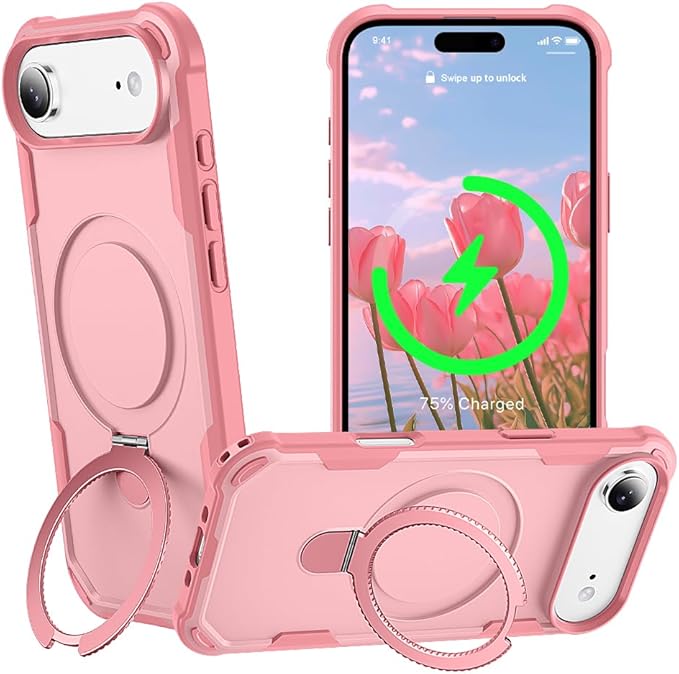 Designed for iPhone 17 Air Case with Magnetic Stand [Military Drop Protection][Compatible with Magnet] Shockproof 17 Air Phone Case with Ring Holder, Pink