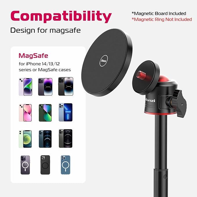 ULANZI Magnetic Cell Phone Tripod Compatible with MagSafe, 17.3" Extendable Mini Tabletop Tripod Selfie Stick with Cold Shoe, 360° Ball Head Tripod Stand Handle Grip for iPhone 17 16 15 14 13 12