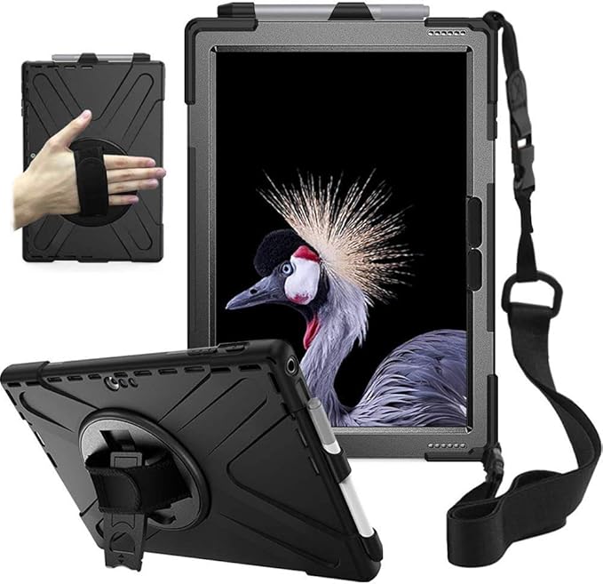 ZenRich Case for Surface Pro 7 Plus/ 7/6/ 5/4/ LTE with Pencil Holder, 360 Rotatable Stand, Hand Strap and Shoulder Belt - Heavy Duty Shockproof Full Body Protection Case - Black