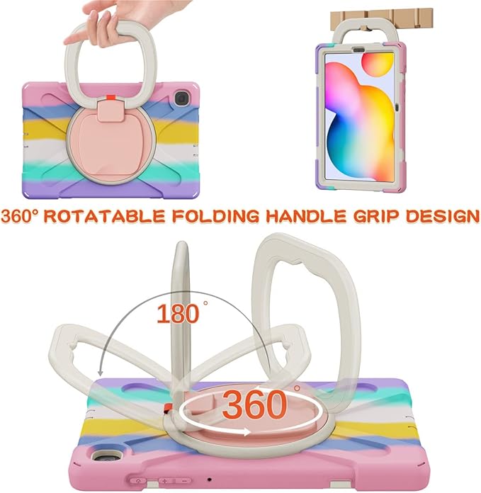 360 Rotation Case for Samsung Galaxy Tab S6 Lite 10.4" Sturdy Cover Rotate Ring Stand Shoulder Carrying Strap Hand Strap Rugged Children Adults Outdoor Case (Colourful Pink)