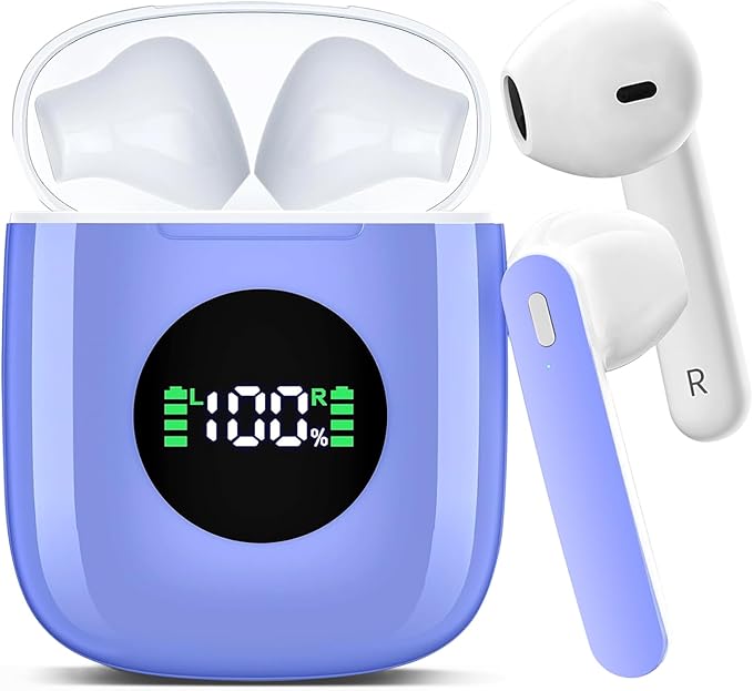 Wireless Earbuds, Bluetooth Headphones Stereo Ear Buds with Noise Cancelling Mic, 50H Playback with LED Display Charging Case, IP7 Waterproof in-Ear Earphones for Phone Laptop Sports, Blue