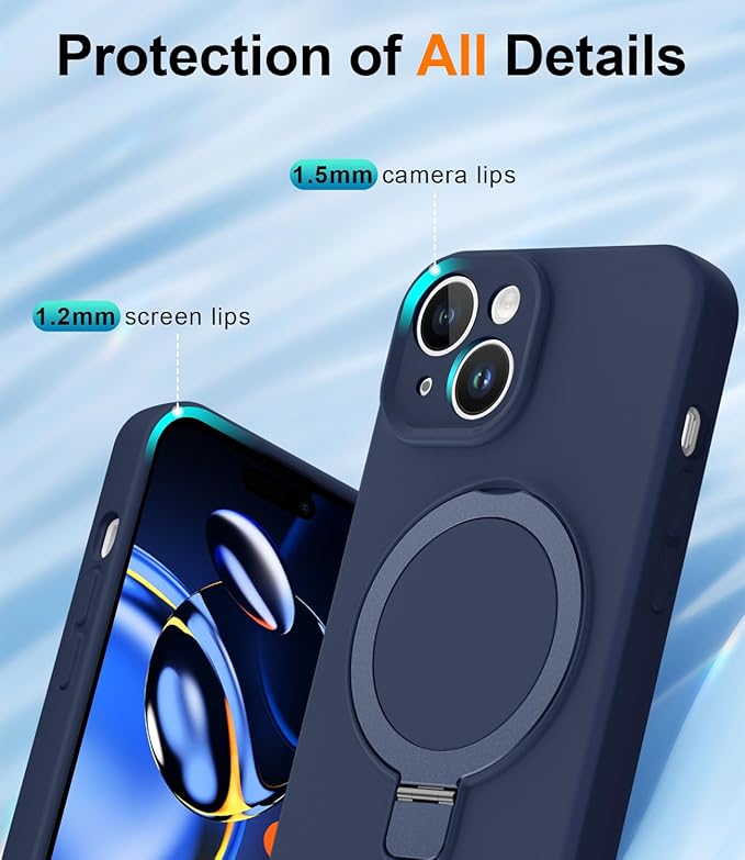 ZHK Liquid Silicone Designed for iPhone 15 Plus Case with Magnet Stand, [Precise Camera Lens Protection][Mil-Grade Drop Shockproof][Soft Anti-Scratch Microfiber Lining] Slim Fit Cover, Navy Blue