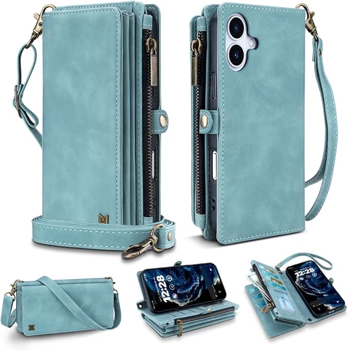 for iPhone 17 Wallet Phone Case with 7 Card Holder,RFID Blocking | PU Leather | Kickstand | Flip | Wrist Strap&Shoulder Strap | Shockproof | Zipper Wallet | Women Men | 6.3" | Baby Blue