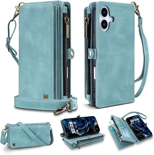 for iPhone 17 Wallet Phone Case with 7 Card Holder,RFID Blocking | PU Leather | Kickstand | Flip | Wrist Strap&Shoulder Strap | Shockproof | Zipper Wallet | Women Men | 6.3" | Baby Blue