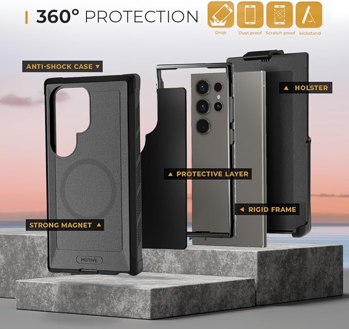 MOTIVE Designed for Samsung Galaxy s24 Ultra Case with Belt Clip, Compatible with MagSafe, Quad-Layer 15FT Military Grade Drop Protection, Heavy Duty s24 Ultra Holster Case 6.8” | Black