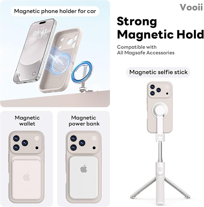 Vooii Magnetic Compatible with iPhone 17 Pro Case (Compatible with Magsafe) (Upgraded Camera Protection) Liquid Silicone Shockproof Full Body Protective Phone Cover for Women Men, Stone, 6.3”