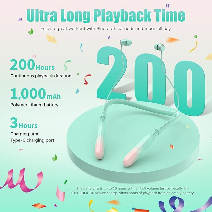 Neckband Bluetooth Headphones, 200H Extra Long Playtime Wireless Stereo Neckband Earbuds with Microphone, Waterproof Balanced Armature Drivers in Ear Headset for Sports/Workout (Pink Green)