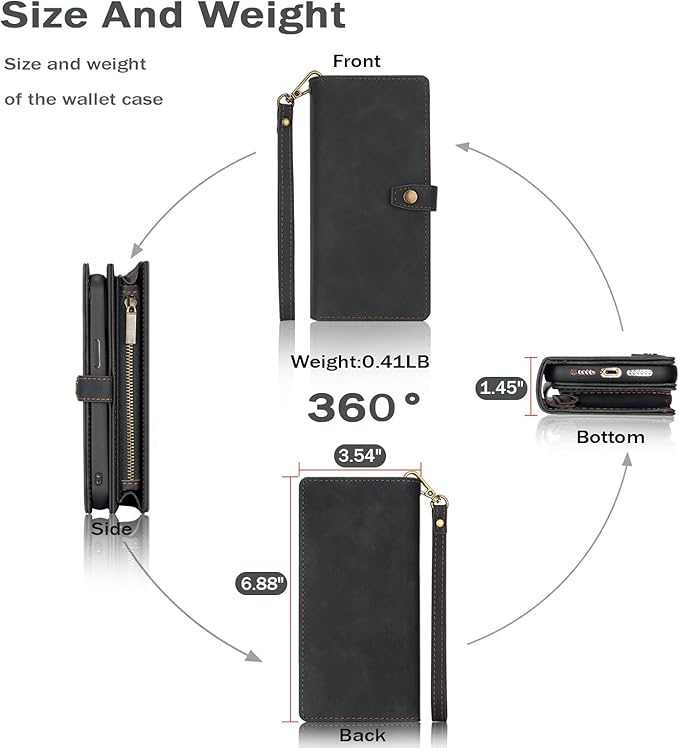 TwoHead for Samsung Galaxy S24 Ultra Wallet Case with Card Holder, Detachable Magnetic Phone Case for S24 Ultra,PU Leather All-Round Protective Phone Case Wallet with Wrist Strap,Black