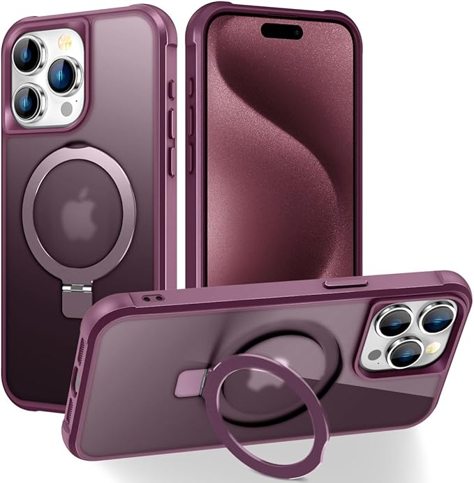 Magnetic Compatible with iPhone 15 Pro Max Case with Stand [Military Grade Drop Tested][Compatible with Magnet] Ring Translucent Slim Hard Back Soft Edge, Wine Red