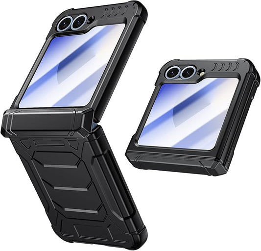 Military-Grade Protection ZFlip 6 / ZFlip 7 FE Case for Samsung Galaxy Z Flip 6 & Flip 7 FE: Shockproof TPU Frame, Hinge Protection, Glass Screen Protector, Anti-Slip Rugged Phone Cover (Black)