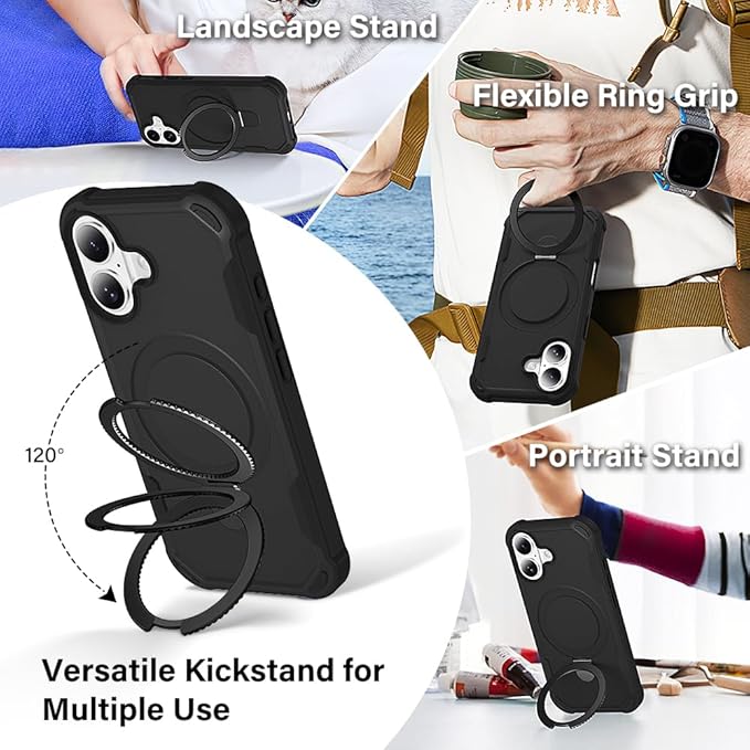 Designed for iPhone 17 Case with Magnetic Stand [Military Drop Protection][Compatible with Magnet] Shockproof 17 Phone Case with Ring Holder, Black