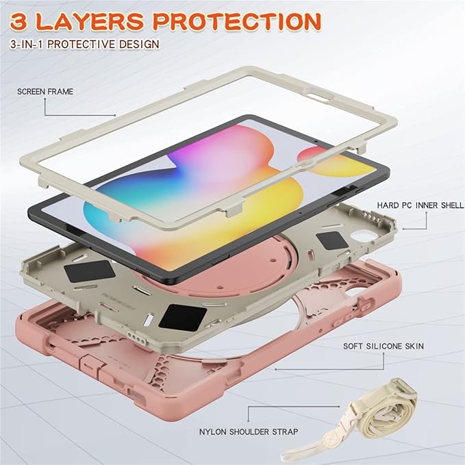 360 Rotation Case for Samsung Galaxy Tab S6 Lite 10.4" Sturdy Cover Rotate Ring Stand Shoulder Carrying Strap Hand Strap Rugged Children Adults Outdoor Case (Pink)