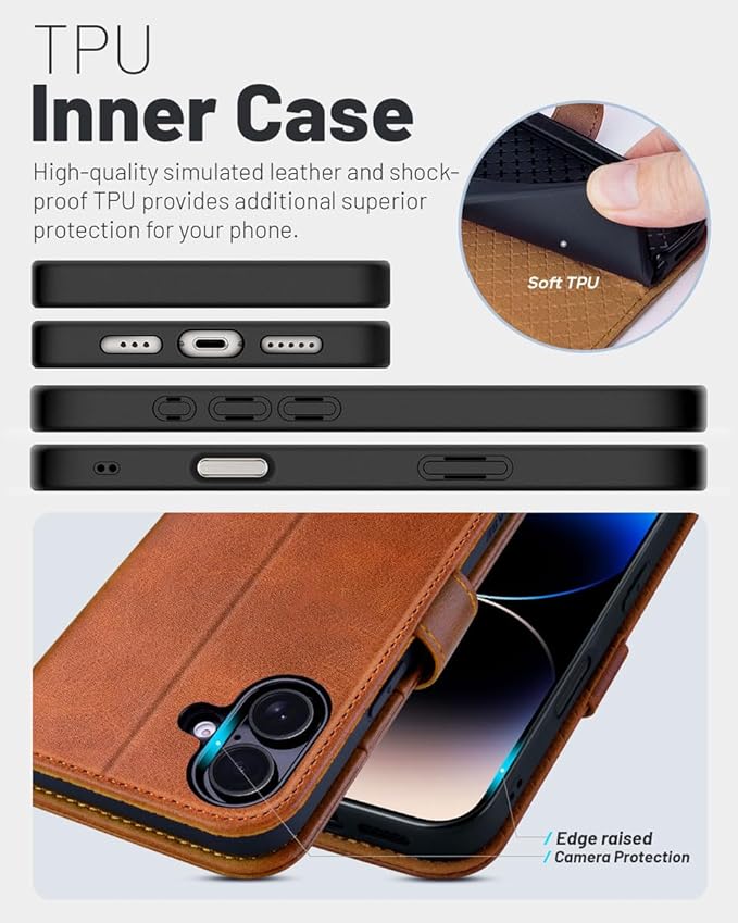 OCASE Compatible with iPhone 16 Wallet Case, PU Leather Flip Folio Case with Card Holders RFID Blocking Kickstand [Shockproof TPU Inner Shell] Phone Cover 6.1 Inch 2024, Brown
