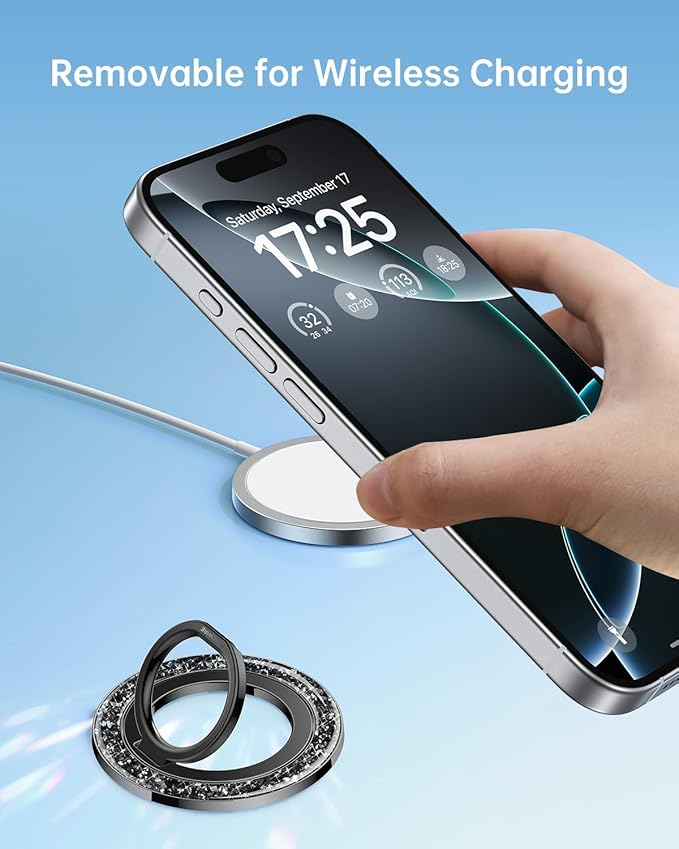 SYNCWIRE Magnetic Phone Ring Holder for MagSafe - Glitter Phone Grip Stand with 360° Rotation & Reinforced Hinge, Compatible with iPhone 16 15 14 13 Pro Max Plus MagSafe Accessories - Glitter Black