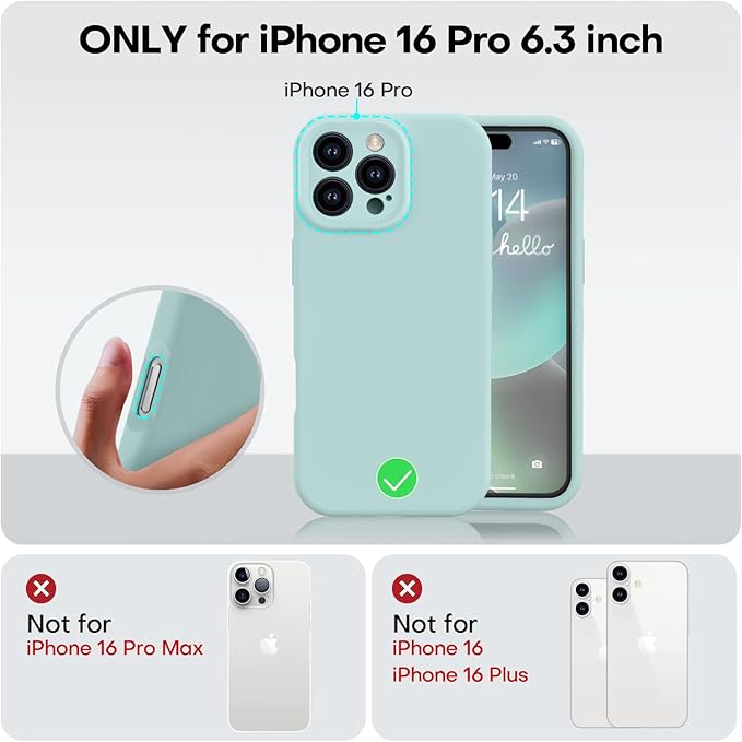 Vooii Compatible with iPhone 16 Pro Case, Liquid Silicone Upgrade [Camera Protection] [Soft Anti-Scratch Microfiber Lining] Shockproof Phone Case for iPhone 16 Pro 6.3 inch - Mint