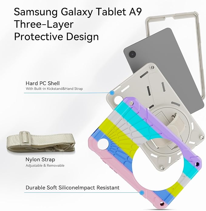 Case for Samsung Galaxy Tab A9 8.7 Inch 2023, 360° Rotating Stand, Hand Strap&Shoulder Strap Case for Samsung A9 Tablet(SM-X110/X115/X117) (Colorful Powder)