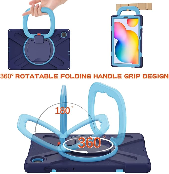 360 Rotation Case for Samsung Galaxy Tab S6 Lite 10.4" Sturdy Cover Rotate Ring Stand Shoulder Carrying Strap Hand Strap Rugged Children Adults Outdoor Case (Navy+Blue)