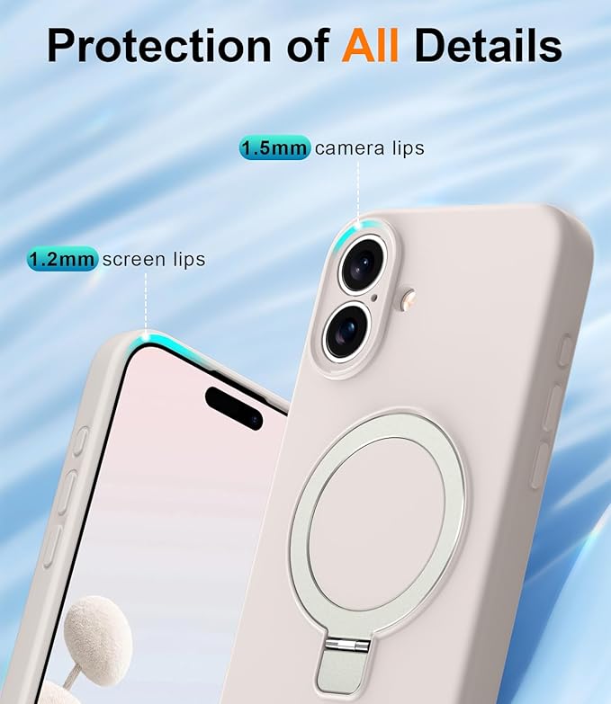 ZHK Liquid Silicone Designed for iPhone 16 Plus Case with Magnet Stand, [Precise Camera Lens Protection][Mil-Grade Drop Shockproof][Soft Anti-Scratch Microfiber Lining] Slim Fit Cover, Beige