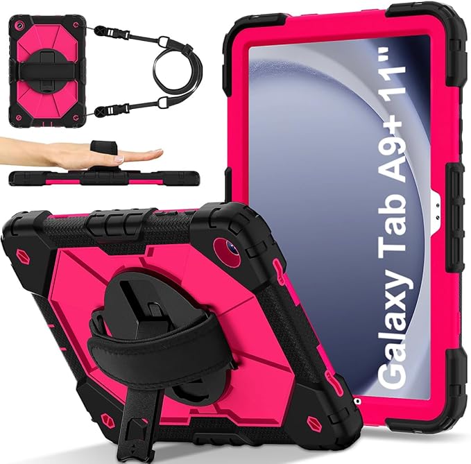 Case for Samsung Galaxy Tab A9+ 11 Inch 2023 (X210/X216/X218), Heavy Duty Shockproof Rugged 360 Rotating Hand Strap Protective Case for Galaxy Tab A9 Plus Tablet, Black/Rose Red