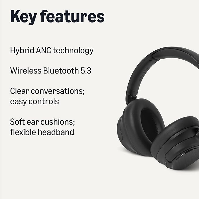 Amazon Basics Hybrid Active Noise Cancelling Headphones, 35 Hours Playtime with ANC on and 45 Hours with ANC Off, Wireless, Over Ear Comfortable Fit, Bluetooth, One Size, Black
