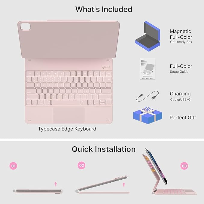 typecase Keyboard Case for iPad Air 13(M3 2025 / M2 2024) and iPad Pro 12.9（6th/5th//4th/3rd Gen,Magic Keyboard with 11-Colors Backlight,Built-in Trackpad,Pencil Holder,Light & Thin,Peach Pink