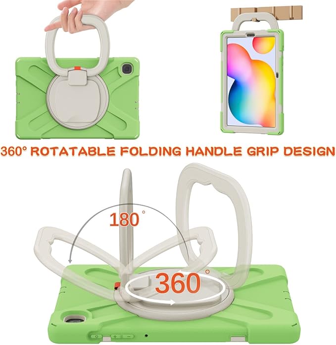 360 Rotation Case for Samsung Galaxy Tab S6 Lite 10.4" Sturdy Cover Rotate Ring Stand Shoulder Carrying Strap Hand Strap Rugged Children Adults Outdoor Case (LightGreen)