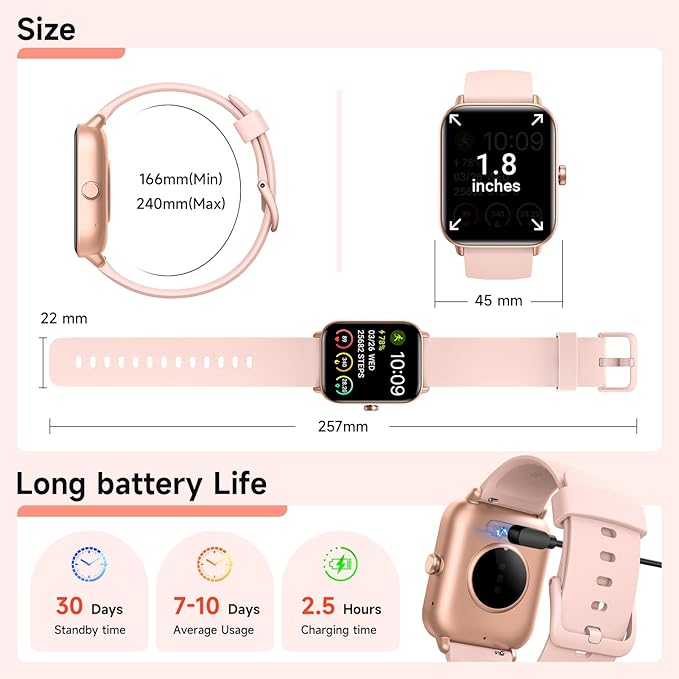 Smart Watches for Women Android & iPhone, Alexa Built-in, 1.85" Fitness Tracker with Answer/Make Calls, IP68 Waterproof Fitness Watch,Heart Rate, Sleep, SpO2 Monitor,Pedometer, Pink