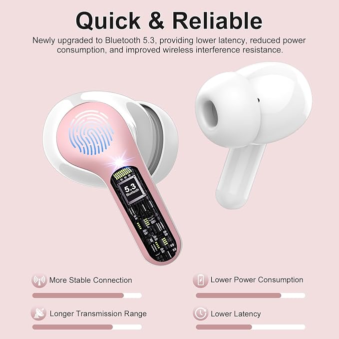 Wireless Earbuds, Bluetooth 5.4 Headphones HiFi Stereo, Bluetooth Earbuds with ENC Noise Cancelling Mic, IP7 Waterproof in Ear Earphones, 48H, LED Display Ear buds for Pad Phone Workout Sports, Pink